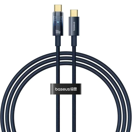 Baseus - Кабел за данни Explorer (P10319704321-00) - Type-C, Бързо зареждане, 100W, с автоматично изключване, Найлон, 1 м - Дълбоко синьо