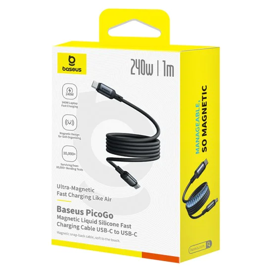 Baseus - Кабел за данни PicoGo (P10376800121-00) - Магнитен, Type-C към Type-C, 240W, Бързо зареждане, 480Mbps, Силиконов, 1 м - Черен