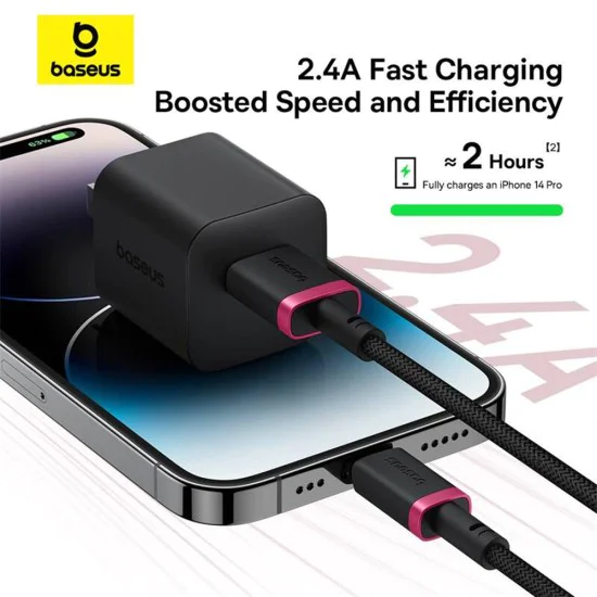 Baseus - Кабел за данни Dura Series (P10377801U01-03) - USB към Lightning, бързо зареждане, 2.4A, 480Mbps, найлон, 2 м - червен / черен