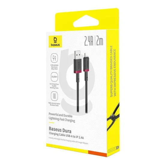 Baseus - Кабел за данни Dura Series (P10377801U01-03) - USB към Lightning, бързо зареждане, 2.4A, 480Mbps, найлон, 2 м - червен / черен