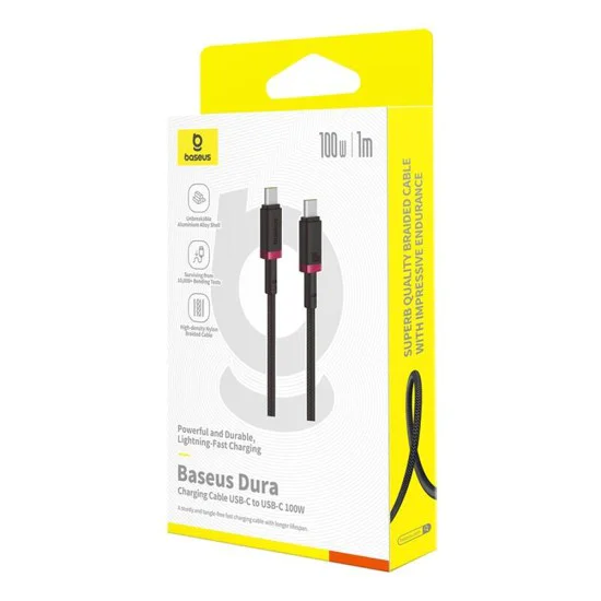 Baseus - Кабел за данни Dura Series (P10377803U01-01) - за MacBook, Type-C, Бързо зареждане, PD 100W, 480Mbps, 1m - Червен / Черен