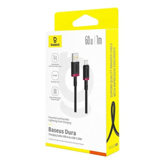 Baseus - Кабел за данни Dura Series (P10377802U01-03) - USB към Type-C, Бързо зареждане, 60W, 480Mbps, Найлон, 2 м - Червен / Черен
