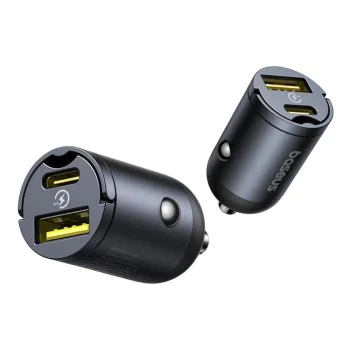 Baseus - Зарядно за кола Tiny Star Mini (C00035001121-02) - USB, Type-C, 30W, с вградена дръжка, 12V до 24V - Черно