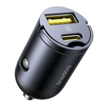 Baseus - Зарядно за кола Tiny Star Mini (C00035001121-02) - USB, Type-C, 30W, с вградена дръжка, 12V до 24V - Черно
