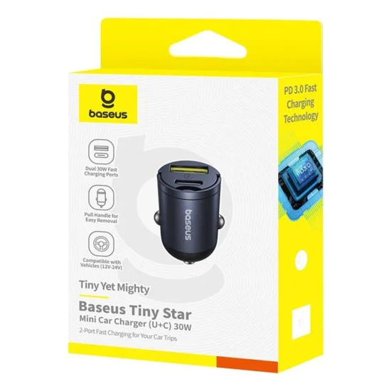 Baseus - Зарядно за кола Tiny Star Mini (C00035001121-02) - USB, Type-C, 30W, с вградена дръжка, 12V до 24V - Черно