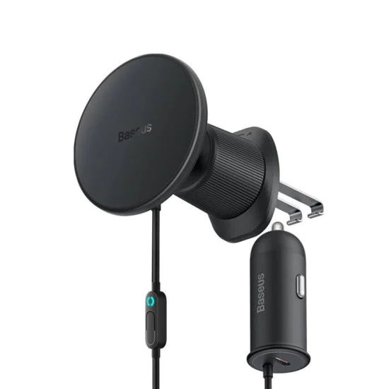 Безжична стойка за вентилация (C40141000111-00) - Baseus - 15W, с 25W зарядно за запалка, USB, светлинен ринг - Черно