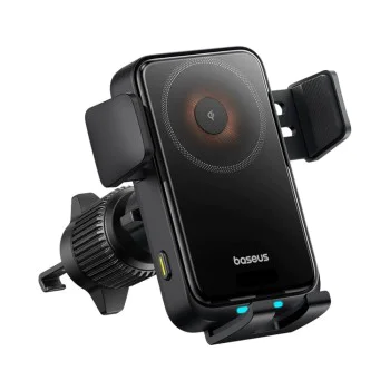 Baseus - Безжичен държач за вентилационен отвор за кола Wisdom Pro (C40381501123-00) - 15W, 360°, Автоматично подравняване на бобината, LED светлина, 7.2 инча - Черен