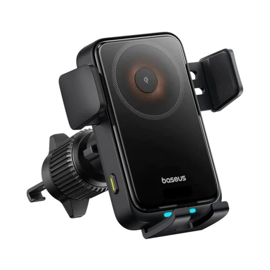 Baseus - Безжичен държач за вентилационен отвор за кола Wisdom Pro (C40381501123-00) - 15W, 360°, Автоматично подравняване на бобината, LED светлина, 7.2 инча - Черен