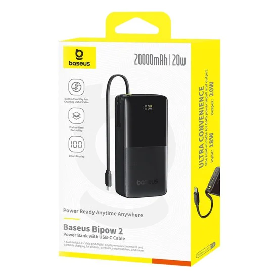 Baseus - Power Bank Bipow 2 (P10077101113-01) - с вграден USB-C кабел, Type-C, USB, Smart Display, 20000mAh, 20W - Черен