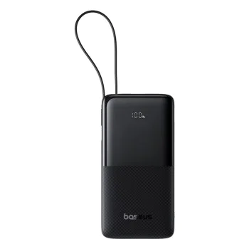 Baseus - Power Bank Bipow 2 (P10077101113-01) - с вграден USB-C кабел, Type-C, USB, Smart Display, 20000mAh, 20W - Черен