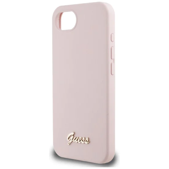 Калъф за iPhone 16e - Guess - Silicone Script Metal Logo (GUHMPSE4SMBSLP) - Розов