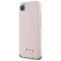 Калъф за iPhone 16e - Guess - Silicone Script Metal Logo (GUHMPSE4SMBSLP) - Розов