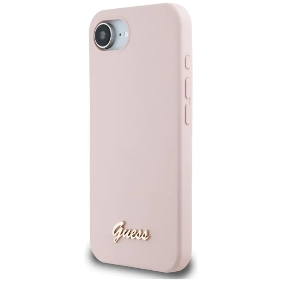 Калъф за iPhone 16e - Guess - Silicone Script Metal Logo (GUHMPSE4SMBSLP) - Розов