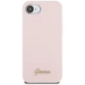 Калъф за iPhone 16e - Guess - Silicone Script Metal Logo (GUHMPSE4SMBSLP) - Розов