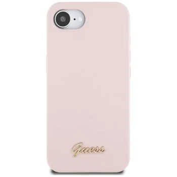 Калъф за iPhone 16e - Guess - Silicone Script Metal Logo (GUHMPSE4SMBSLP) - Розов