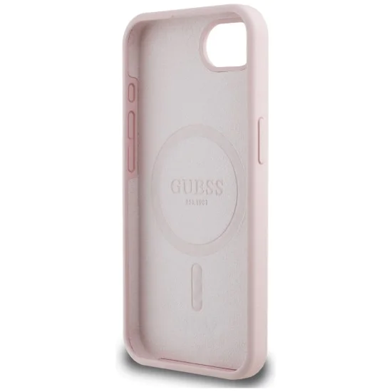 Калъф за iPhone 16e - Guess - Silicone Script Metal Logo (GUHMPSE4SMBSLP) - Розов