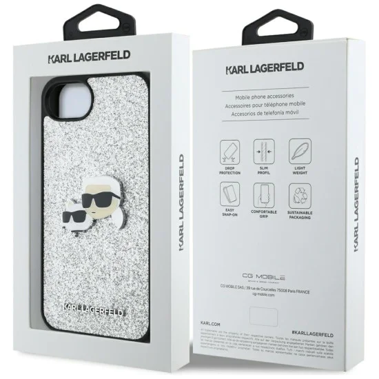 Калъф за iPhone 16e - Karl Lagerfeld - Hardcase Glitter Fixed (KLHCPSE4PFGKCPS) - Silver Karl&Choupette Head
