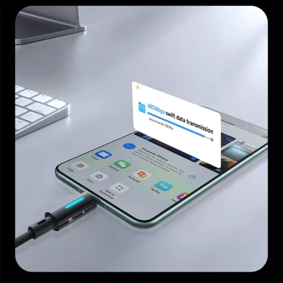 Baseus - Кабел за данни с осветен кабел (P10379002121-00) - USB към Type-C, 100W, бързо зареждане, LED светлина, управление с бутони, 1 м - Космическо черно