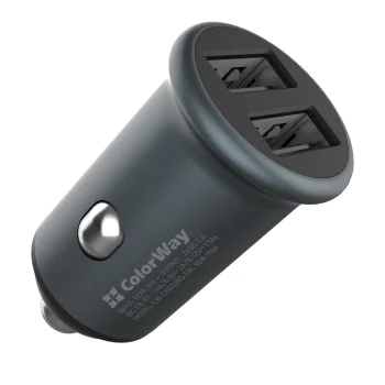Зарядно за кола (CW-CHA036Q-GR) - ColorWay - 2x USB, Quick Charge 2.0 & 3.0, 36W, 3A, Huawei FCP, Auto ID Chip, 24V - Сиво