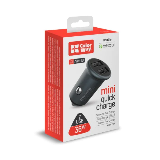 Зарядно за кола (CW-CHA036Q-GR) - ColorWay - 2x USB, Quick Charge 2.0 & 3.0, 36W, 3A, Huawei FCP, Auto ID Chip, 24V - Сиво