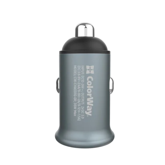 Зарядно за кола (CW-CHA036Q-GR) - ColorWay - 2x USB, Quick Charge 2.0 & 3.0, 36W, 3A, Huawei FCP, Auto ID Chip, 24V - Сиво