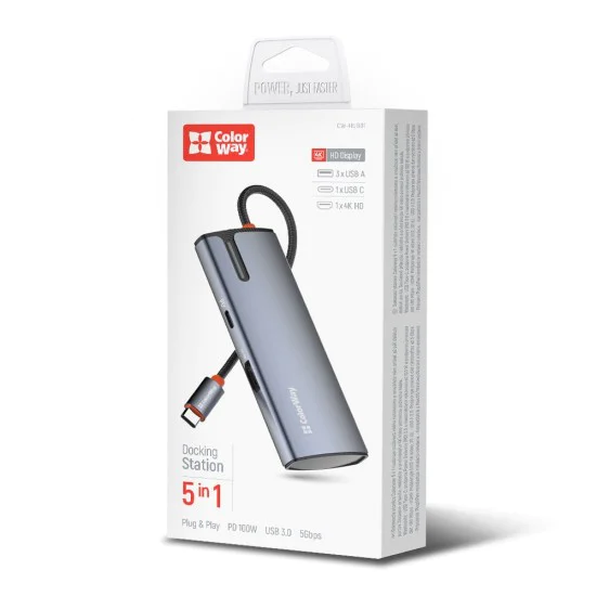 ColorWay - Докинг станция (CW-HUB01) - 3x USB, Type-C, HDMI 4K HD, PD 100W, 5Gps, Plug&Play, с вграден индикатор - Сребрист