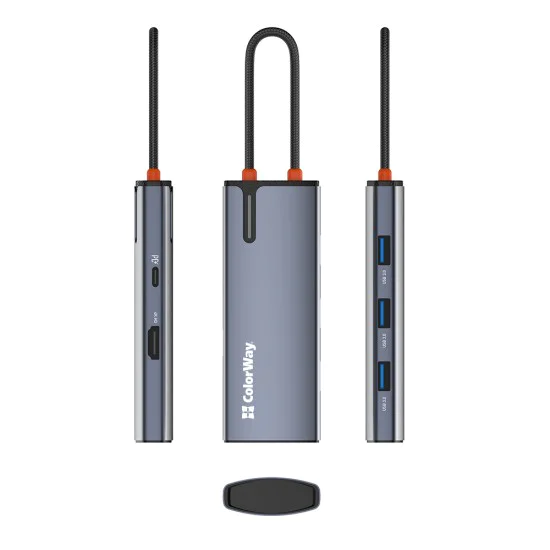 ColorWay - Докинг станция (CW-HUB01) - 3x USB, Type-C, HDMI 4K HD, PD 100W, 5Gps, Plug&Play, с вграден индикатор - Сребрист