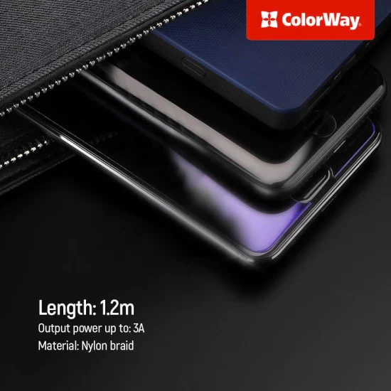 Кабел за данни 4в1 (CW-CBU3003-GR) - ColorWay - USB към Lightning + Micro-USB + Type-C, 20W, 4A, Найлон, 1.2 м - Сив
