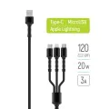 Кабел за данни 4в1 (CW-CBU3003-GR) - ColorWay - USB към Lightning + Micro-USB + Type-C, 20W, 4A, Найлон, 1.2 м - Сив