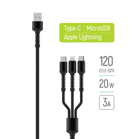 Кабел за данни 4в1 (CW-CBU3003-GR) - ColorWay - USB към Lightning + Micro-USB + Type-C, 20W, 4A, Найлон, 1.2 м - Сив