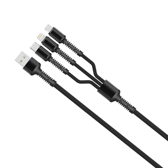 Кабел за данни 4в1 (CW-CBU3003-GR) - ColorWay - USB към Lightning + Micro-USB + Type-C, 20W, 4A, Найлон, 1.2 м - Сив