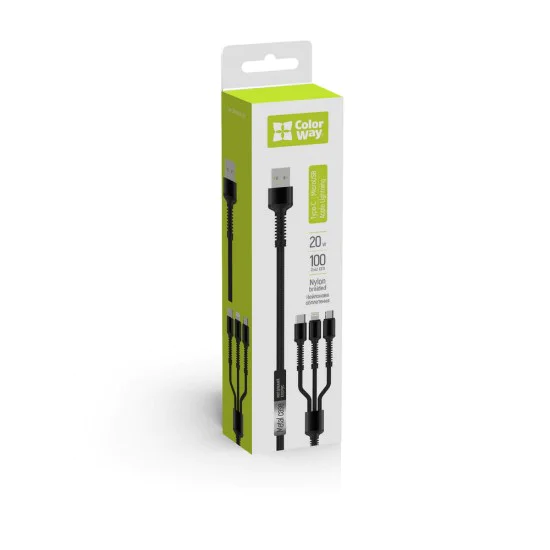 Кабел за данни 4в1 (CW-CBU3003-GR) - ColorWay - USB към Lightning + Micro-USB + Type-C, 20W, 4A, Найлон, 1.2 м - Сив