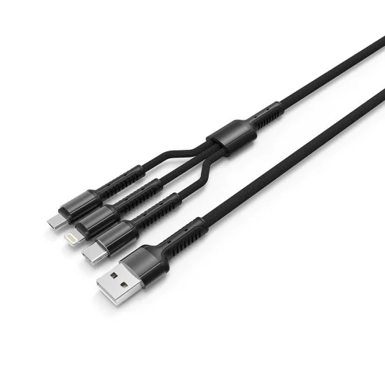 Кабел за данни 4в1 (CW-CBU3003-GR) - ColorWay - USB към Lightning + Micro-USB + Type-C, 20W, 4A, Найлон, 1.2 м - Сив