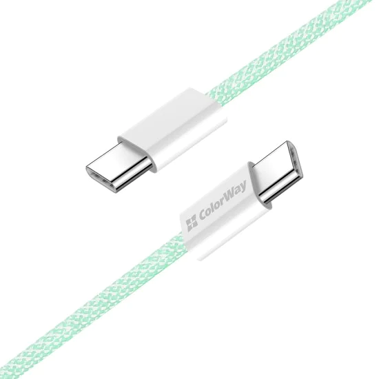 Кабел за данни (CW-CBPDCC061-G) - ColorWay - за MacBook Pro, Type-C към Type-C, PD Fast Charging 60W, 3A, найлон, 1m - Зелен
