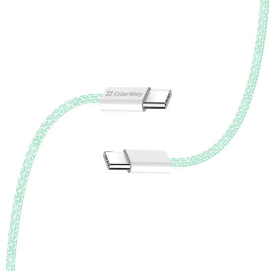 Кабел за данни (CW-CBPDCC061-G) - ColorWay - за MacBook Pro, Type-C към Type-C, PD Fast Charging 60W, 3A, найлон, 1m - Зелен
