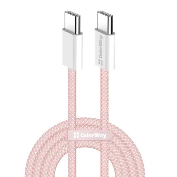 Кабел за данни (CW-CBPDCC061-P) - ColorWay - за MacBook Pro, Type-C към Type-C, PD Fast Charging 60W, 3A, Найлон, 1 м - Розов