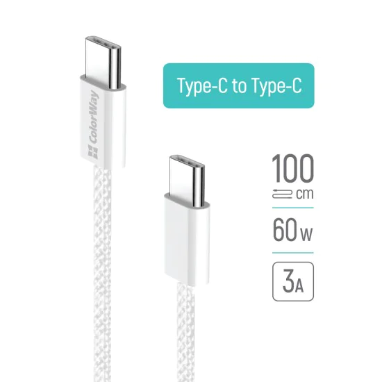 Кабел за данни (CW-CBPDCC061-GR) - ColorWay - за MacBook Pro, Type-C към Type-C, PD Fast Charging 60W, 3A, Найлон, 1 м - Сив
