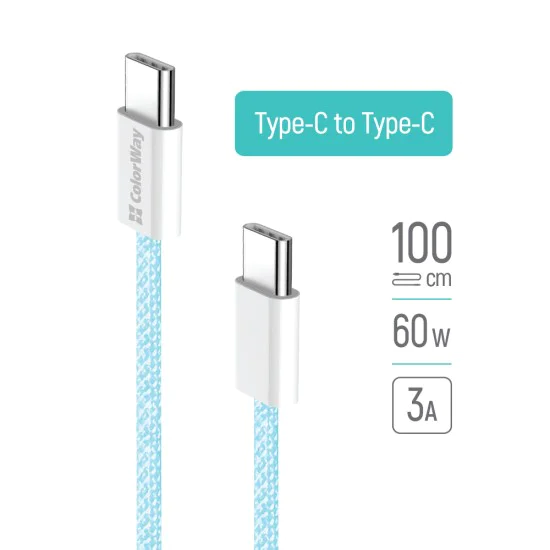 Кабел за данни (CW-CBPDCC061-BL) - ColorWay - за MacBook Pro, Type-C към Type-C, PD Fast Charging 60W, 3A, Найлон, 1 м - Син