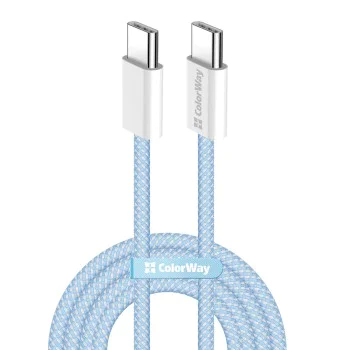 Кабел за данни (CW-CBPDCC061-BL) - ColorWay - за MacBook Pro, Type-C към Type-C, PD Fast Charging 60W, 3A, Найлон, 1 м - Син