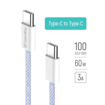 Кабел за данни (CW-CBPDCC061-PU) - ColorWay - за MacBook Pro, Type-C към Type-C, PD Fast Charging 60W, 3A, найлон, 1m - Лилав