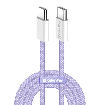 Кабел за данни (CW-CBPDCC061-PU) - ColorWay - за MacBook Pro, Type-C към Type-C, PD Fast Charging 60W, 3A, найлон, 1m - Лилав