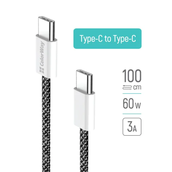 Кабел за данни (CW-CBPDCC061-BK) - ColorWay - за MacBook Pro, Type-C към Type-C, PD Fast Charging 60W, 3A, Найлон, 1 м - Черен