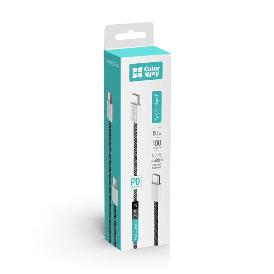 Кабел за данни (CW-CBPDCC061-BK) - ColorWay - за MacBook Pro, Type-C към Type-C, PD Fast Charging 60W, 3A, Найлон, 1 м - Черен