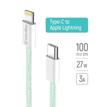 Кабел за данни (CW-CBPDCL061-G) - ColorWay - Type-C към Apple Lightning, PD 27W, 3A, 480Mbps, найлон, 1 м - Зелен