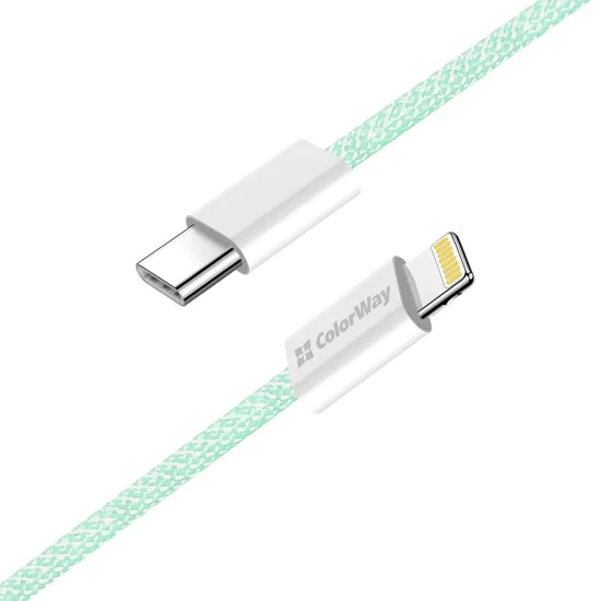 Кабел за данни (CW-CBPDCL061-G) - ColorWay - Type-C към Apple Lightning, PD 27W, 3A, 480Mbps, найлон, 1 м - Зелен