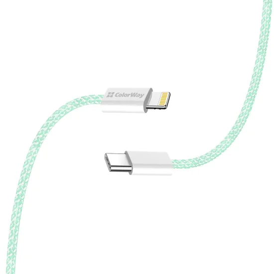 Кабел за данни (CW-CBPDCL061-G) - ColorWay - Type-C към Apple Lightning, PD 27W, 3A, 480Mbps, найлон, 1 м - Зелен