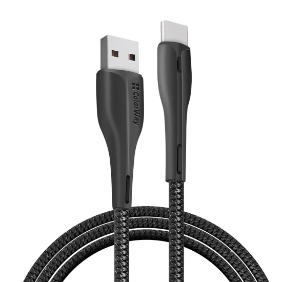 Кабел за данни (CW-CBUC034-BK) - ColorWay - USB към Type-C, за синхронизиране и зареждане, с LED индикатор, 2.4A, 480Mbps, 1m - Черен
