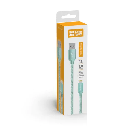 Кабел за данни (CW-CBUL004-MT) - ColorWay - USB 2.0 към Apple Lightning, за синхронизиране и зареждане, найлон, 2.1 A, 480 Mbps, 1 м - Монетен цвят