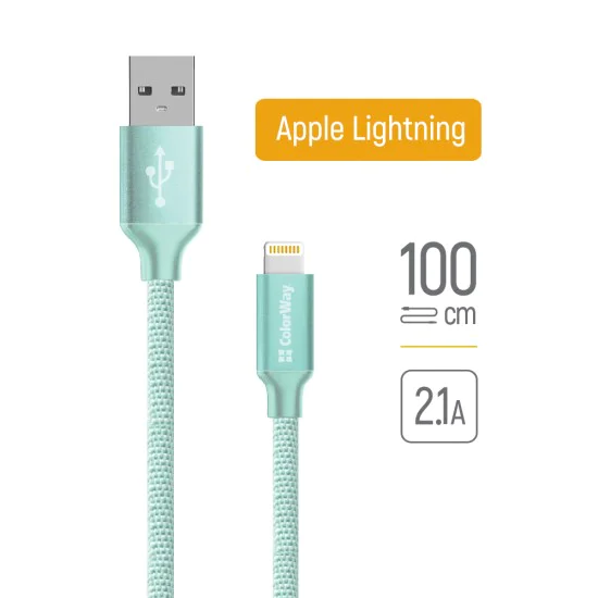 Кабел за данни (CW-CBUL004-MT) - ColorWay - USB 2.0 към Apple Lightning, за синхронизиране и зареждане, найлон, 2.1 A, 480 Mbps, 1 м - Монетен цвят