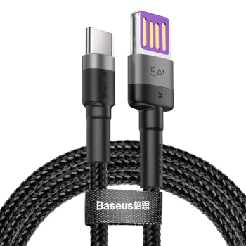 Baseus - Кабел за данни Cafule Series Metal (CATKLF-PG1) - USB към Type-C, Бързо зареждане, 40W, 5A, Найлонова оплетка, Велкро, 1 м - Черен